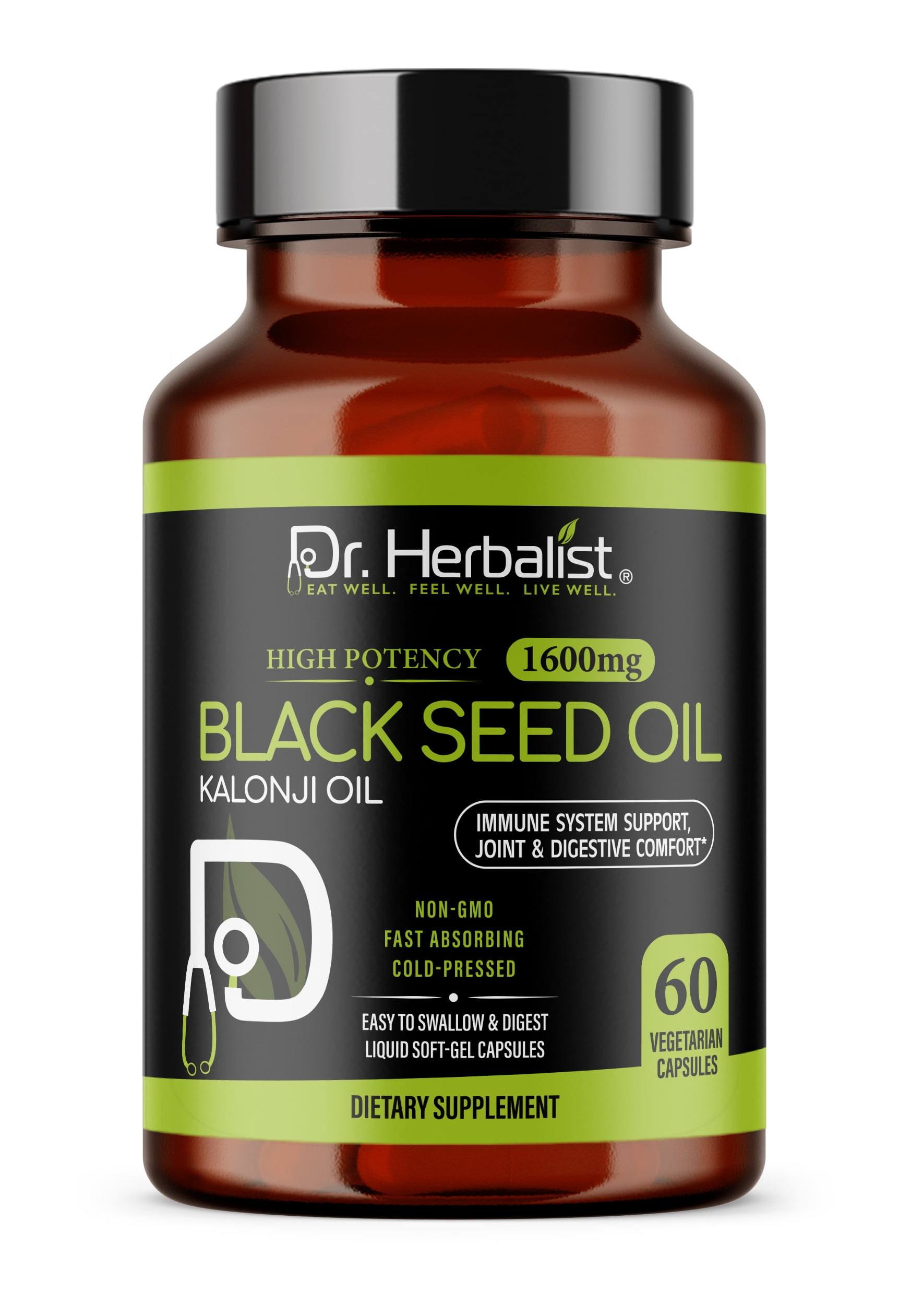 Dr. Herbalist Blackseed Oil 1600mg - 60 Capsules | Non-GMO | Fasting Absorbing | Vegetarian | Cold-Pressed | High Potency