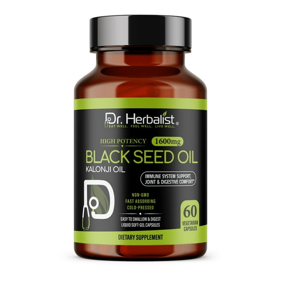 Dr. Herbalist Blackseed Oil 1600mg - 60 Capsules | Non-GMO | Fasting Absorbing | Vegetarian | Cold-Pressed | High Potency