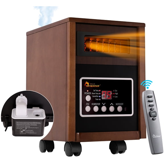 DR. INFRARED HEATER DR-998W, 1500W Dual Heating Infrared Space Heater with Humidifier, Oscillation, Remote Control, Thermostat & Safety Protection, Portable with Wheels, Energy Efficient, Walnut