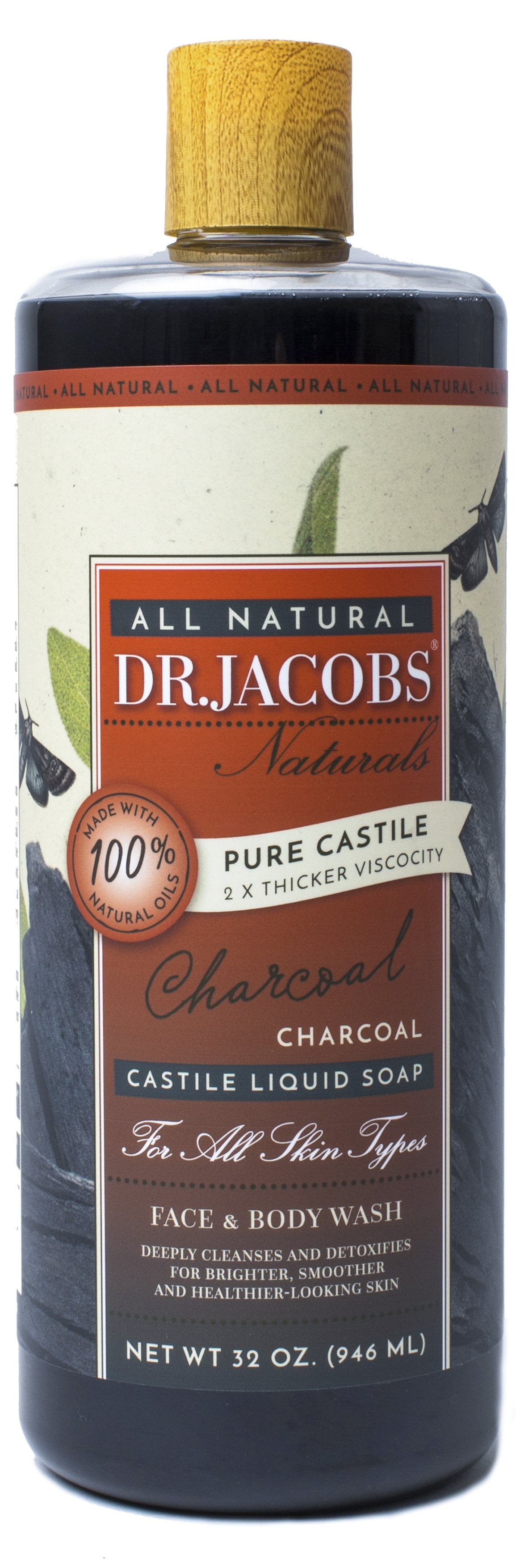 Dr Jacobs Naturals 32 Oz. Pure Castile Liquid Soap (Charcoal) Vegan, No Palm Oil, GMO Free