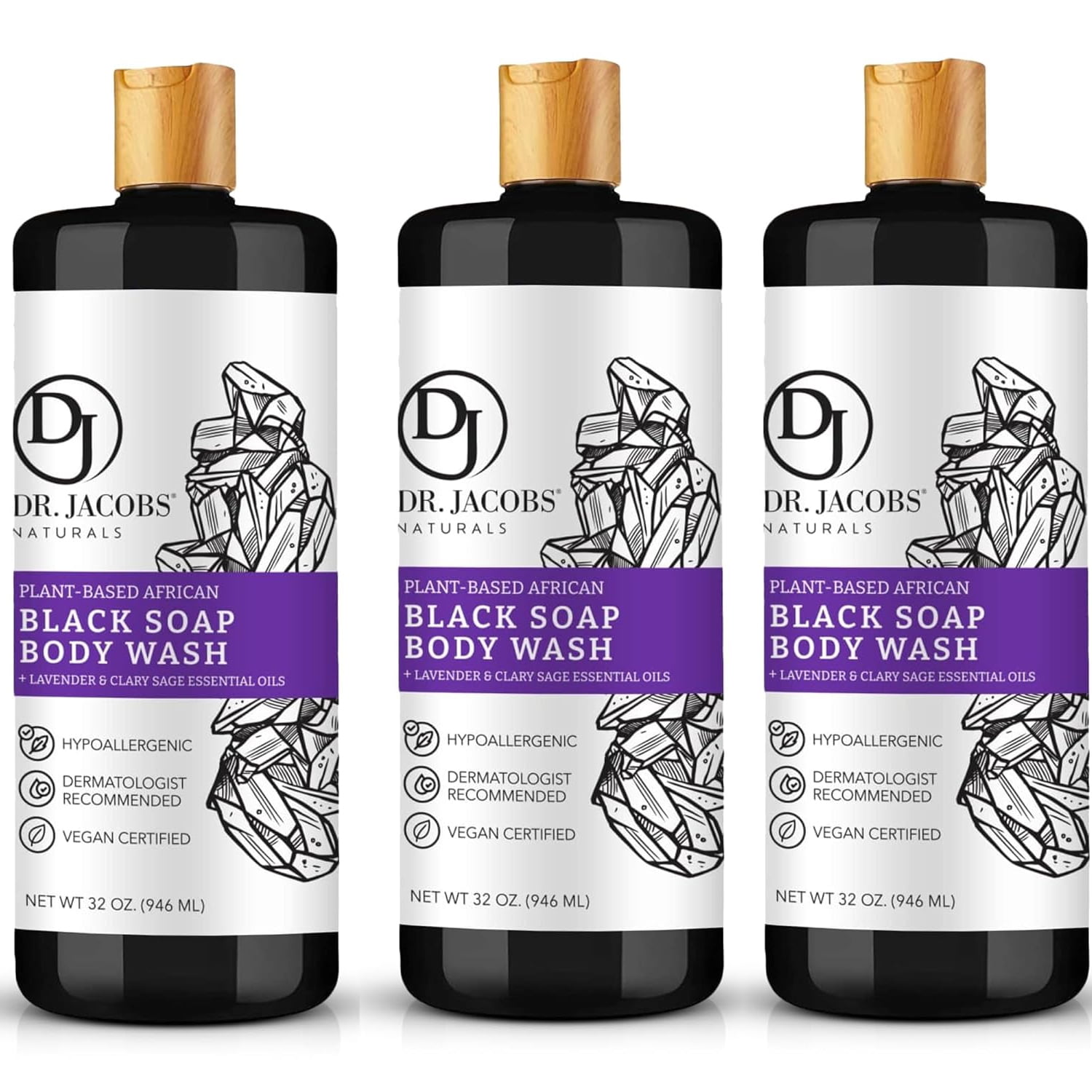 Dr Jacobs Naturals Authentic African Black Soap Body Wash All-In-One Liquid Soap for Face, Body and Hair, Lavender & Sage Scent 32 Oz. 3-Pack