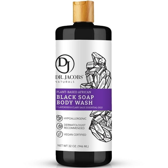 Dr Jacobs Naturals Authentic African Black Soap Body Wash All-In-One Liquid Soap for Face, Body and Hair, Lavender & Sage Scent 32 Oz.