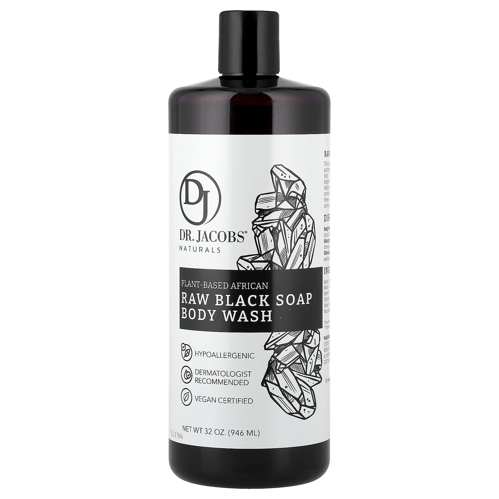Dr Jacobs Naturals Authentic African Raw Black Soap Body Wash All-In-One Liquid Soap for Face, Body and Hair, 32 Oz.