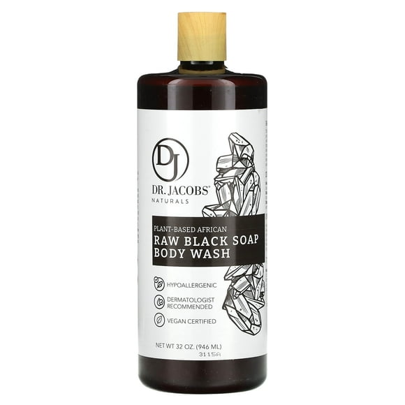 Dr Jacobs Naturals Authentic African Raw Black Soap Body Wash All-In-One Liquid Soap for Face, Body and Hair, 32 Oz.