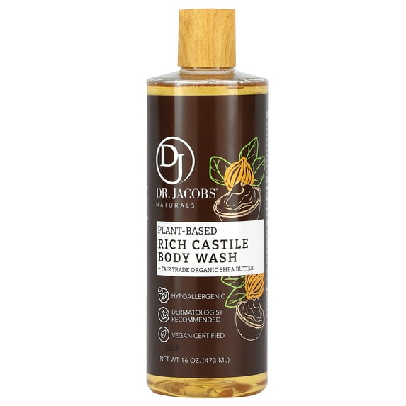 Dr. Jacobs Naturals Plant-Based Rich Castile Body Wash, Fair Trade Organic Shea Butter, 16 oz (473 ml)