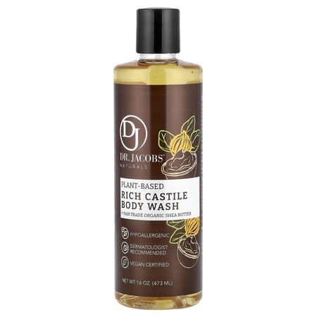 Dr. Jacobs Naturals Plant-Based Rich Castile Body Wash, Fair Trade Organic Shea Butter, 16 oz (473 ml)