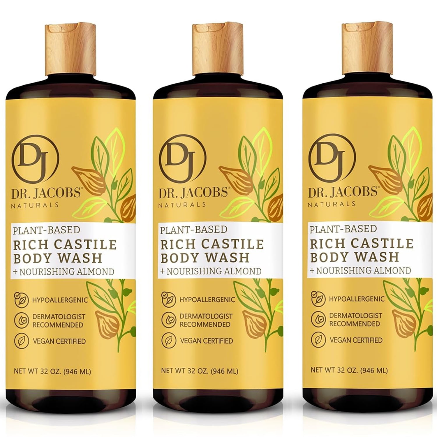 Dr Jacobs Naturals Castile Soap Body Wash Plant Based Liquid Soap, Almond 32 Oz 3-Pack