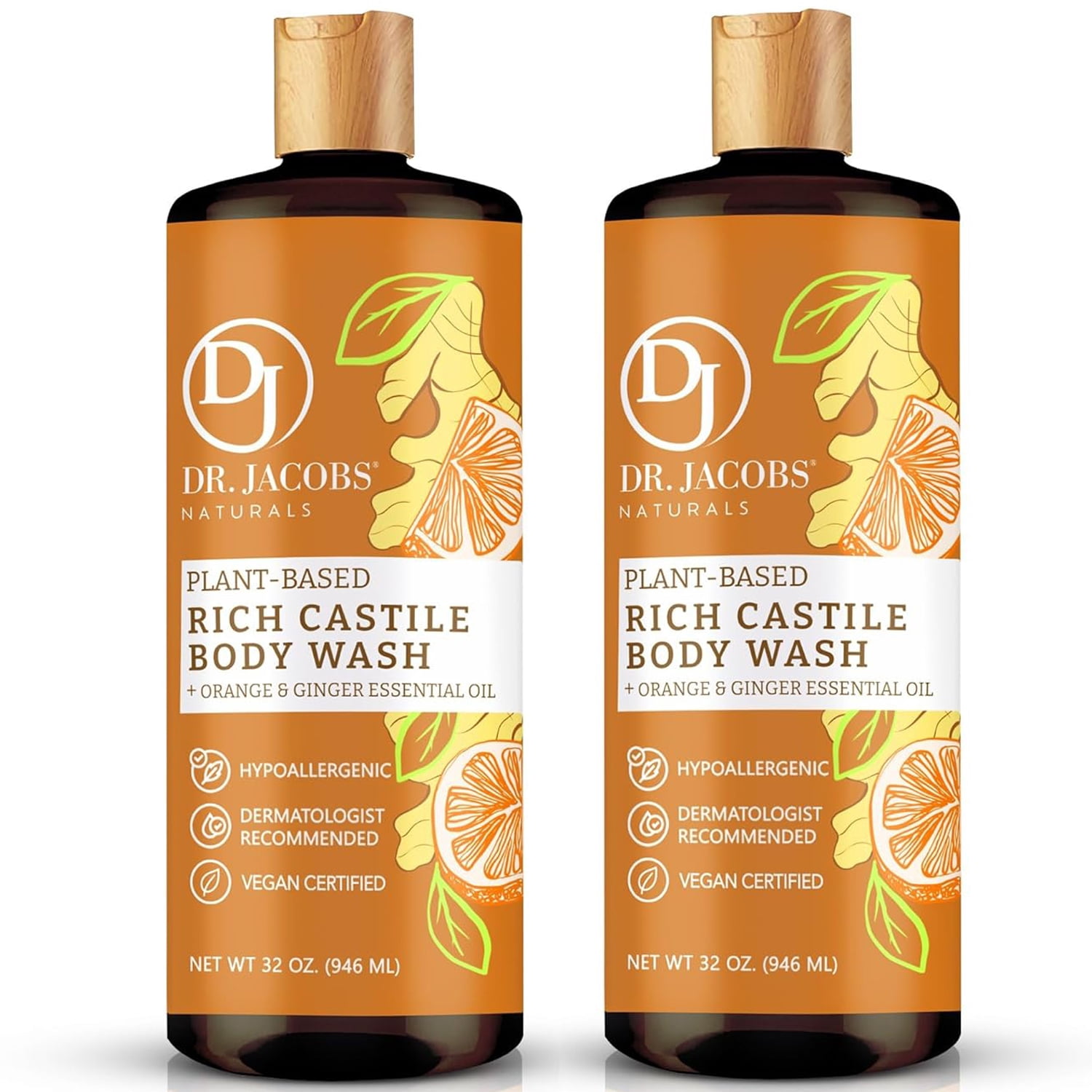 Dr Jacobs Naturals Castile Soap Body Wash Plant Based Liquid Soap, Orange & Ginger 32 Oz 2-Pack