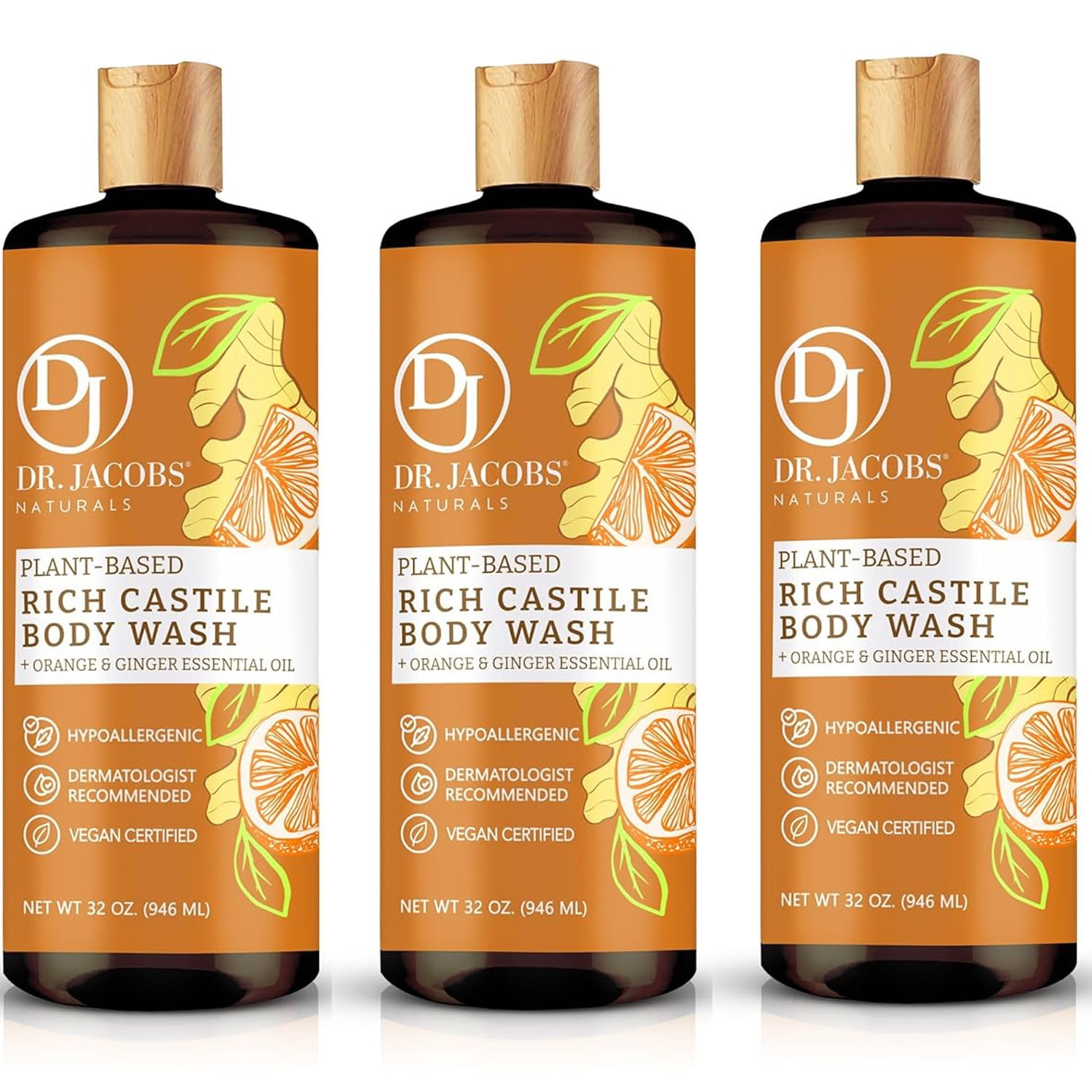 Dr Jacobs Naturals Castile Soap Body Wash Plant Based Liquid Soap, Orange & Ginger 32 Oz 3-Pack