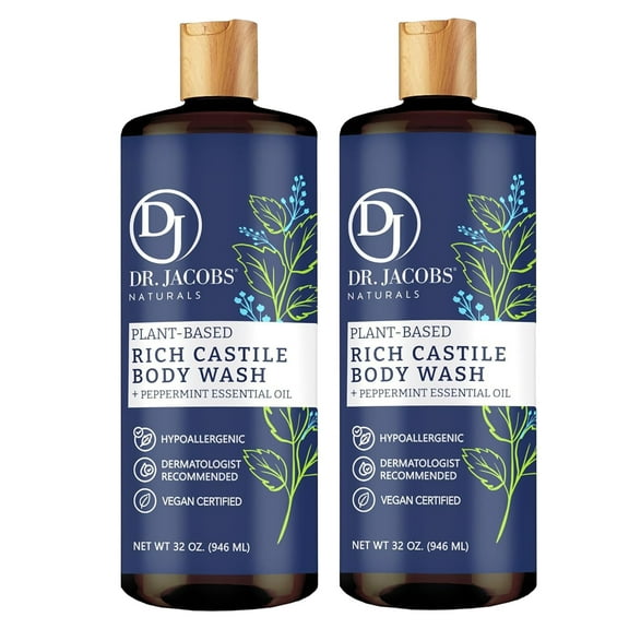 Dr Jacobs Naturals Castile Soap Body Wash Plant Based Liquid Soap, Peppermint 32 Oz 2-Pack
