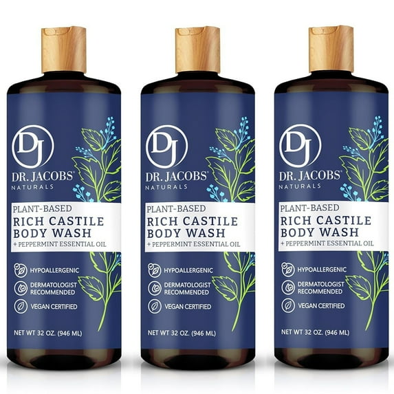 Dr Jacobs Naturals Castile Soap Body Wash Plant Based Liquid Soap, Peppermint 32 Oz 3-Pack