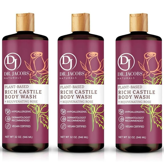 Dr Jacobs Naturals Castile Soap Body Wash Plant Based Liquid Soap, Rose 32 Oz 3-Pack