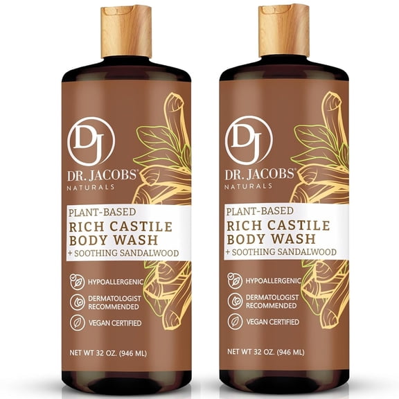 Dr Jacobs Naturals Castile Soap Body Wash Plant Based Liquid Soap, Sandalwood 32 Oz 2-Pack