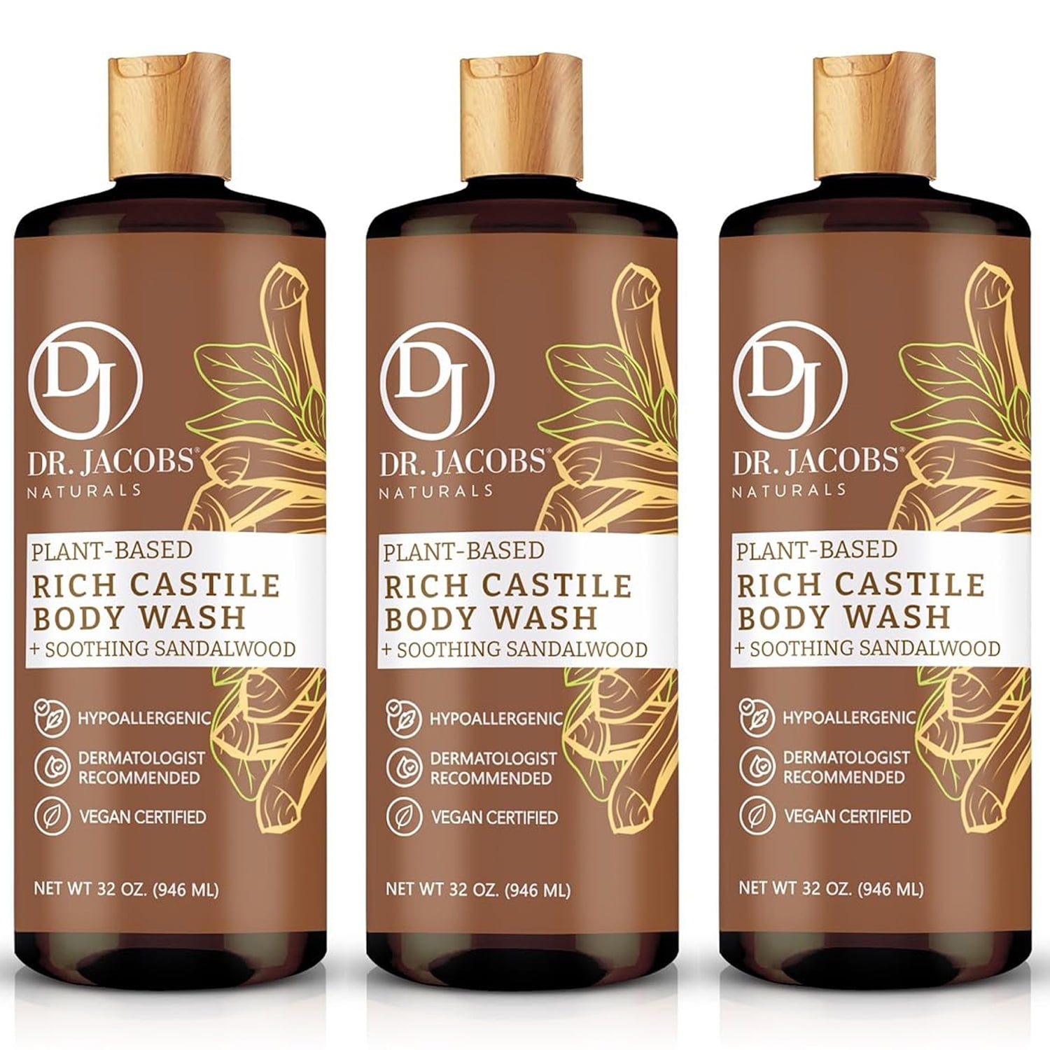 Dr Jacobs Naturals Castile Soap Body Wash Plant Based Liquid Soap, Sandalwood 32 Oz 3-Pack