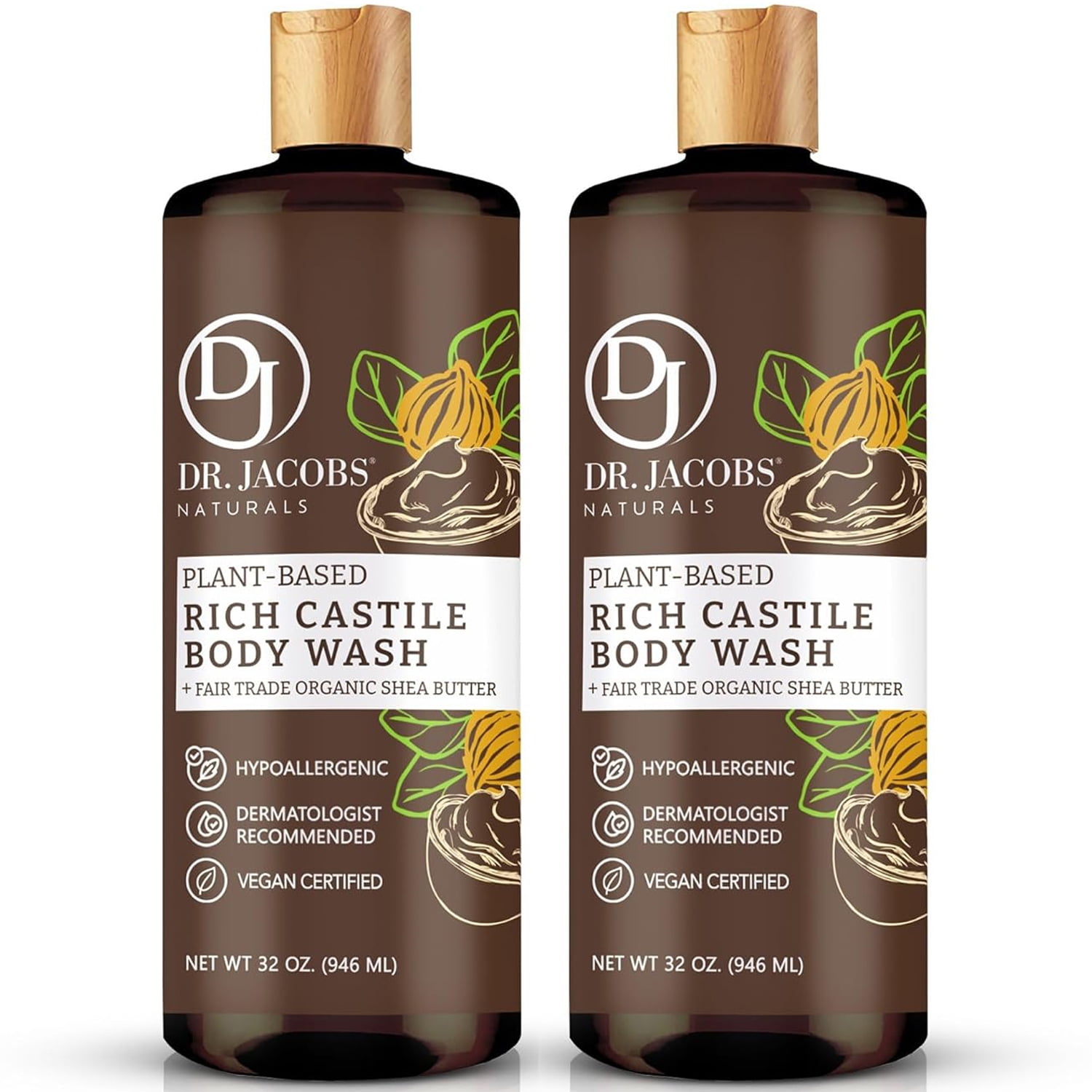 Dr Jacobs Naturals Castile Soap Body Wash Plant Based Liquid Soap, Shea Butter 32 Oz 2-Pack
