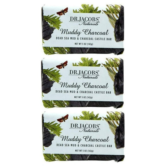 Dr Jacobs Naturals Muddy Charcoal Castile Bar Soap Plant Based Vegan Soap, 5 Oz 3-Pack