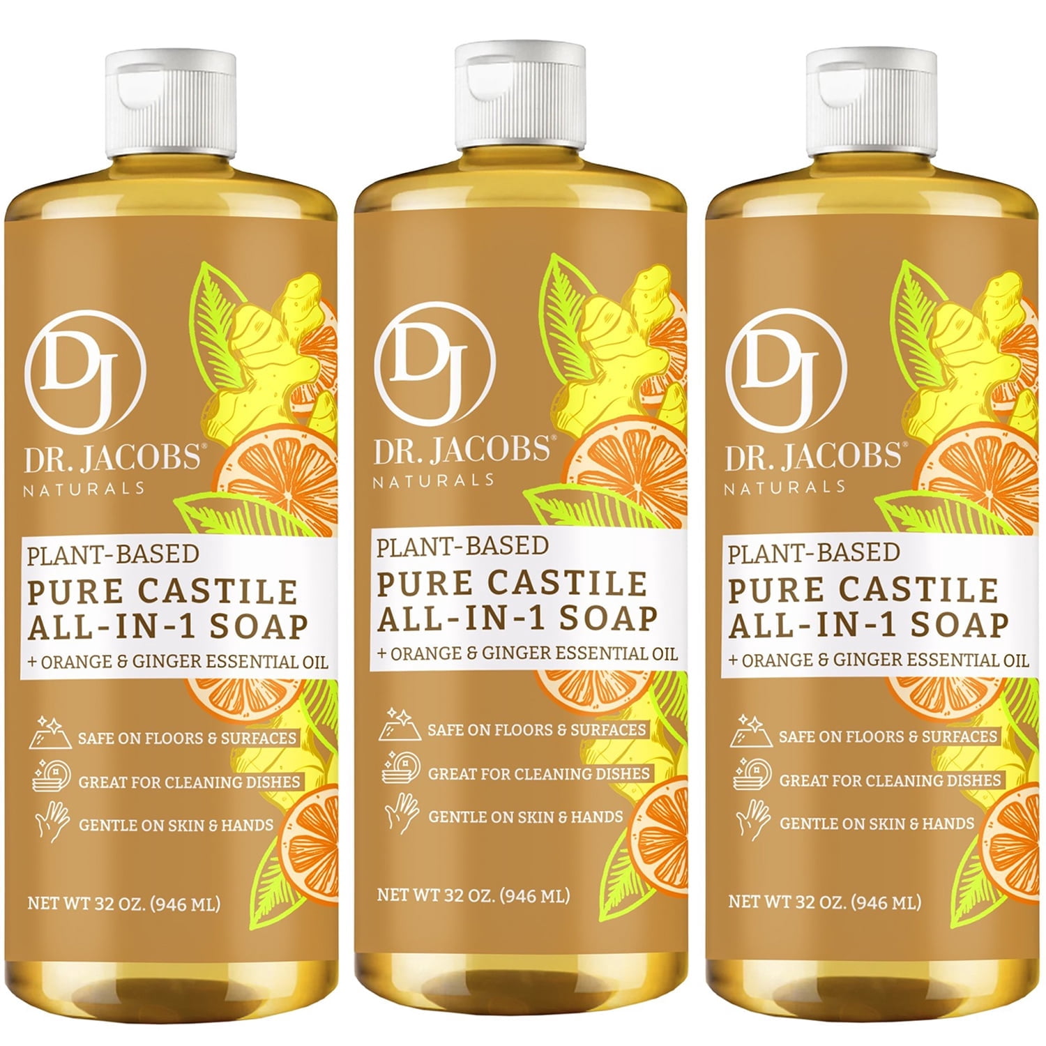 Dr. Jacobs Naturals Orange & Ginger Castile Soap All-In-One Cleaner Plant-Based Formula, 32 Fl. Oz. 3-Pack