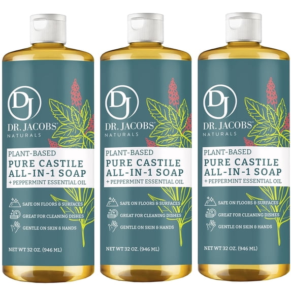 Dr. Jacobs Naturals Peppermint Castile Soap All-In-One Cleaner Plant-Based Formula, 32 Fl. Oz. 3-Pack