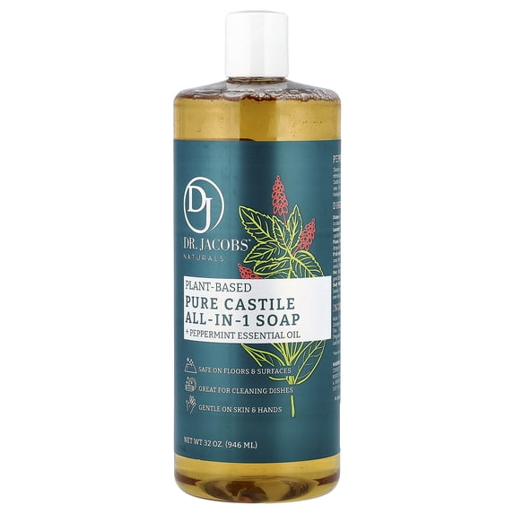 Dr. Jacobs Naturals Peppermint Castile Soap All-In-One Cleaner Plant-Based Formula, 32 Fl. Oz.