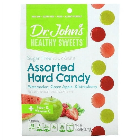 Dr. John's Healthy Sweets, Assorted Hard Candy, + Fiber & Vitamin C, Watermelon, Green Apple, & Strawberry, Sugar Free, 3.85 oz Pack of 3