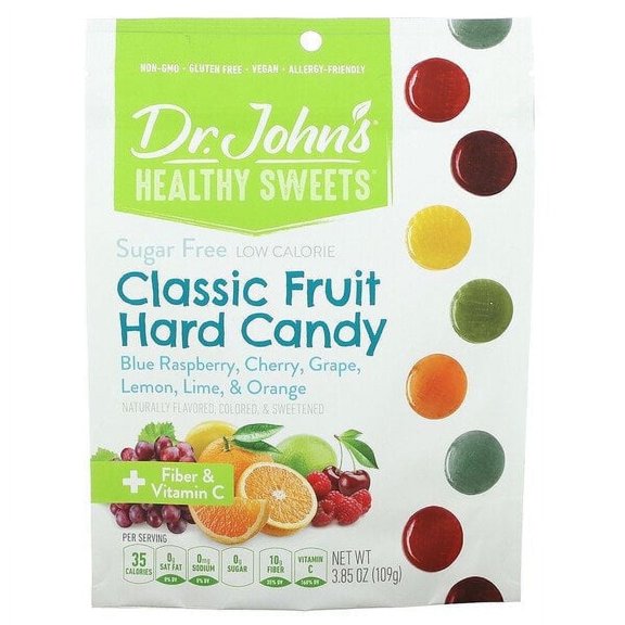 Dr. John's Healthy Sweets, Classic Fruit Hard Candy, + Fiber & Vitamin C, Blue Raspberry, Cherry, Grape, Lemon, Lime, & Orange, Sugar Free, 3.85 oz Pack of 3