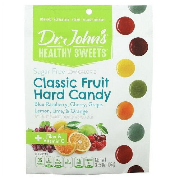 Dr. John's Healthy Sweets, Classic Fruit Hard Candy, + Fiber & Vitamin C, Blue Raspberry, Cherry, Grape, Lemon, Lime, & Orange, Sugar Free, 3.85 oz Pack of 4