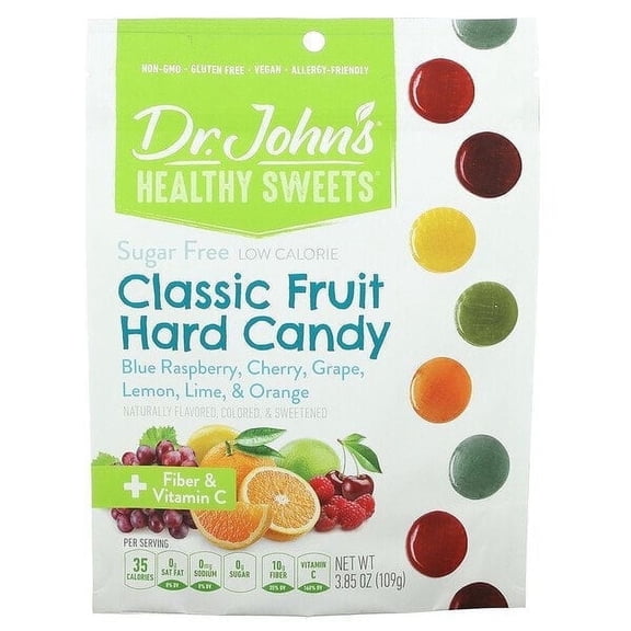 Dr. John's Healthy Sweets, Classic Fruit Hard Candy, + Fiber & Vitamin C, Blue Raspberry, Cherry, Grape, Lemon, Lime, & Orange, Sugar Free, 3.85 oz