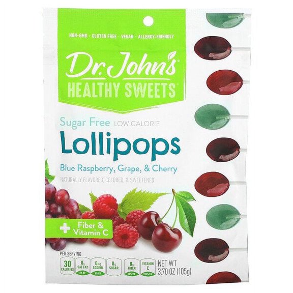 Dr. John's Healthy Sweets, Lollipops, + Fiber & Vitamin C, Blue Raspberry, Grape & Cherry, Sugar Free, 3.7 oz Pack of 3