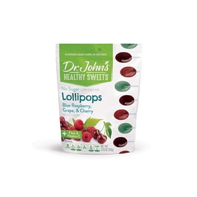 Dr. John's Healthy Sweets Lollipops Blue Raspberry, Grape, Cherry with Fiber and Vitamin C, 3.70 oz