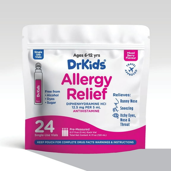 DrKids Children's Allergy Relief Medicine with Diphenhydramine - Pre-Measured Single-Use Vials - Antihistamine for Sneezing, Runny Nose & Itchy Eyes, Mixed Berry Flavor, 24 count