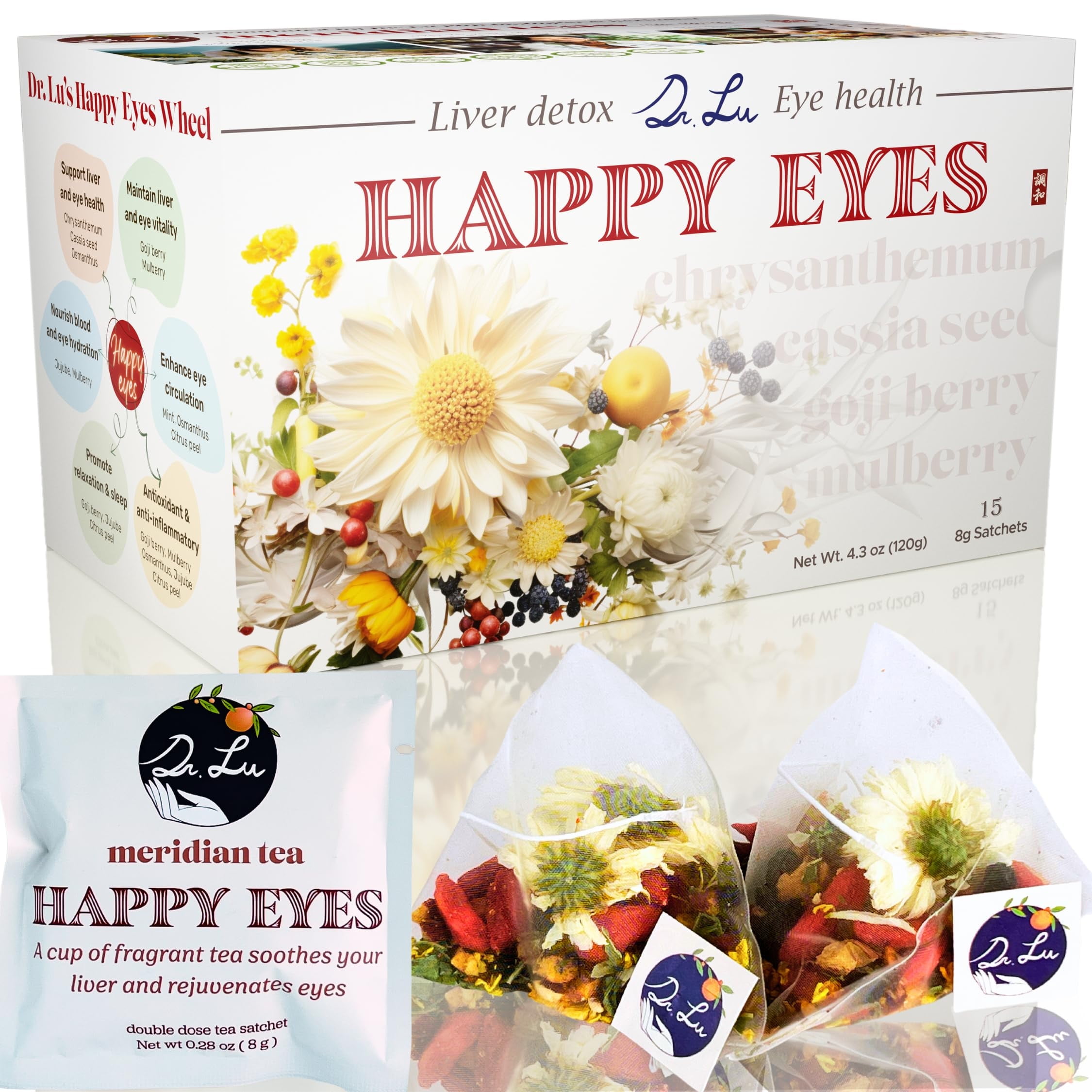 Dr. Lus Happy Eyes Tea | Eyebright Tea for Liver Cleanse | Liver Detox Tea for Eye Health | 8-Flavor Chinese Herbal Tea Made in US | Chrysanthemum Tea with Cassia seed, Goji berries, Mulberries