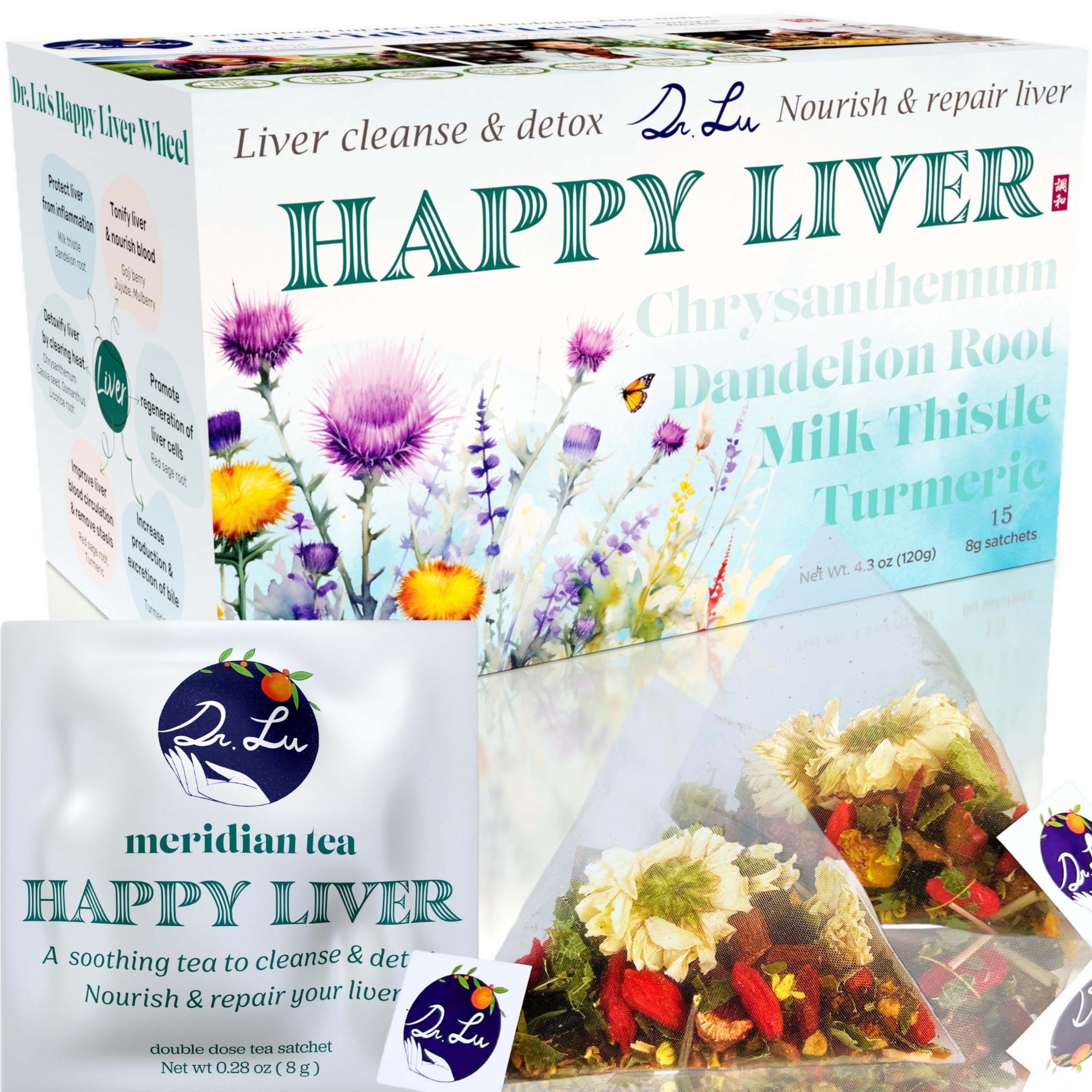 Dr. Lus Happy Liver Tea | 100% Natural Liver Cleanse Detox & Repair Tea Made in US | 11-Flavor Milk Thistle, Turmeric, Chrysanthemum, Licorice Root, Dandelion Root Tea Blend for Liver Support