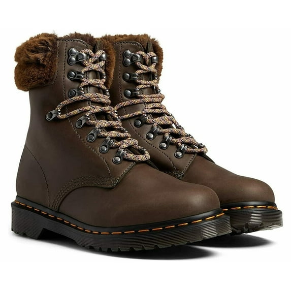 Dr. Martens Womens 1460 Serena Collar Faux Fur Lined Combat Boots 8 Khaki Grey/Brown Streeter
