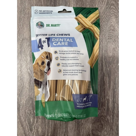 Dr. Marty Better Life Chews 4-in-1 Dental Care For Medium Size Dogs (24 - 59LBS), 15 Sticks, 17.99 oz