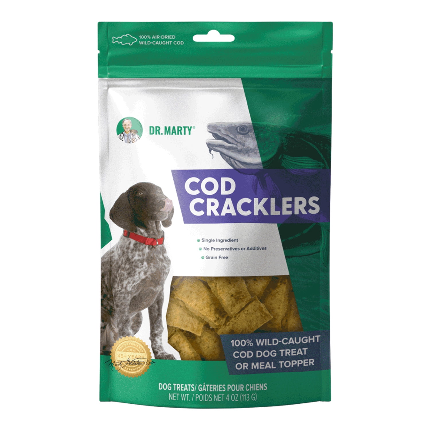 Dr. Marty Cod Cracklers. 100% Air Dried Wild-Caught Cod Treats, Single Ingredient, High Protein (71%), Crunchy Texture, 4 oz