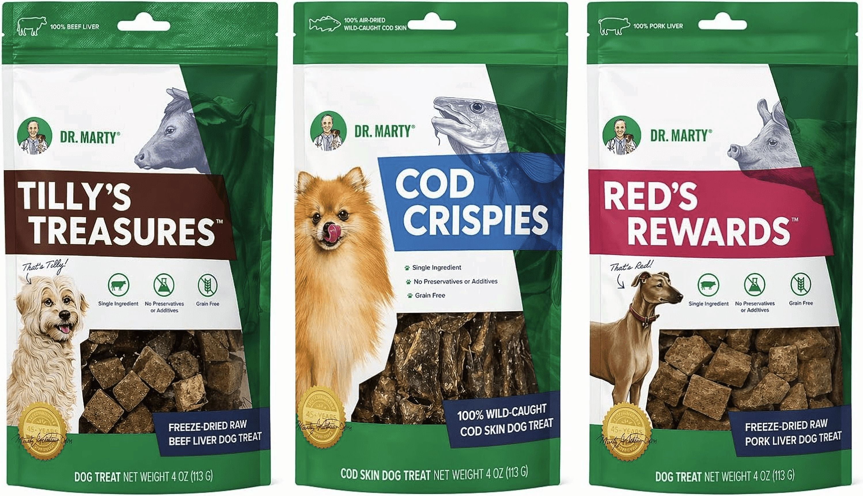 Dr. Marty Freeze Dried Raw Dog Treat Bundle - Beef Liver, Cod Skin, and Pork Liver