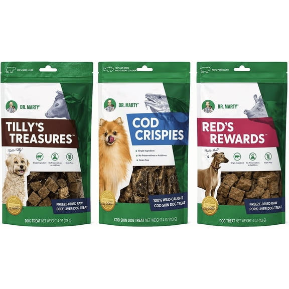Dr. Marty Freeze Dried Raw Dog Treat Bundle - Beef Liver, Cod Skin, and Pork Liver
