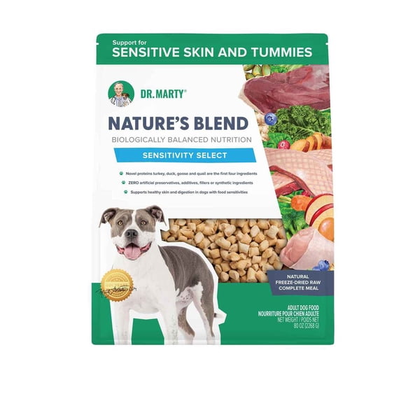 Dr. Marty Nature's Blend Sensitivity Select, Freeze-Dried Raw Adult Dog Food. Unique Poultry for Easy Digestion, Support For Sensitive Skin and Tummies, 80 oz Value Size