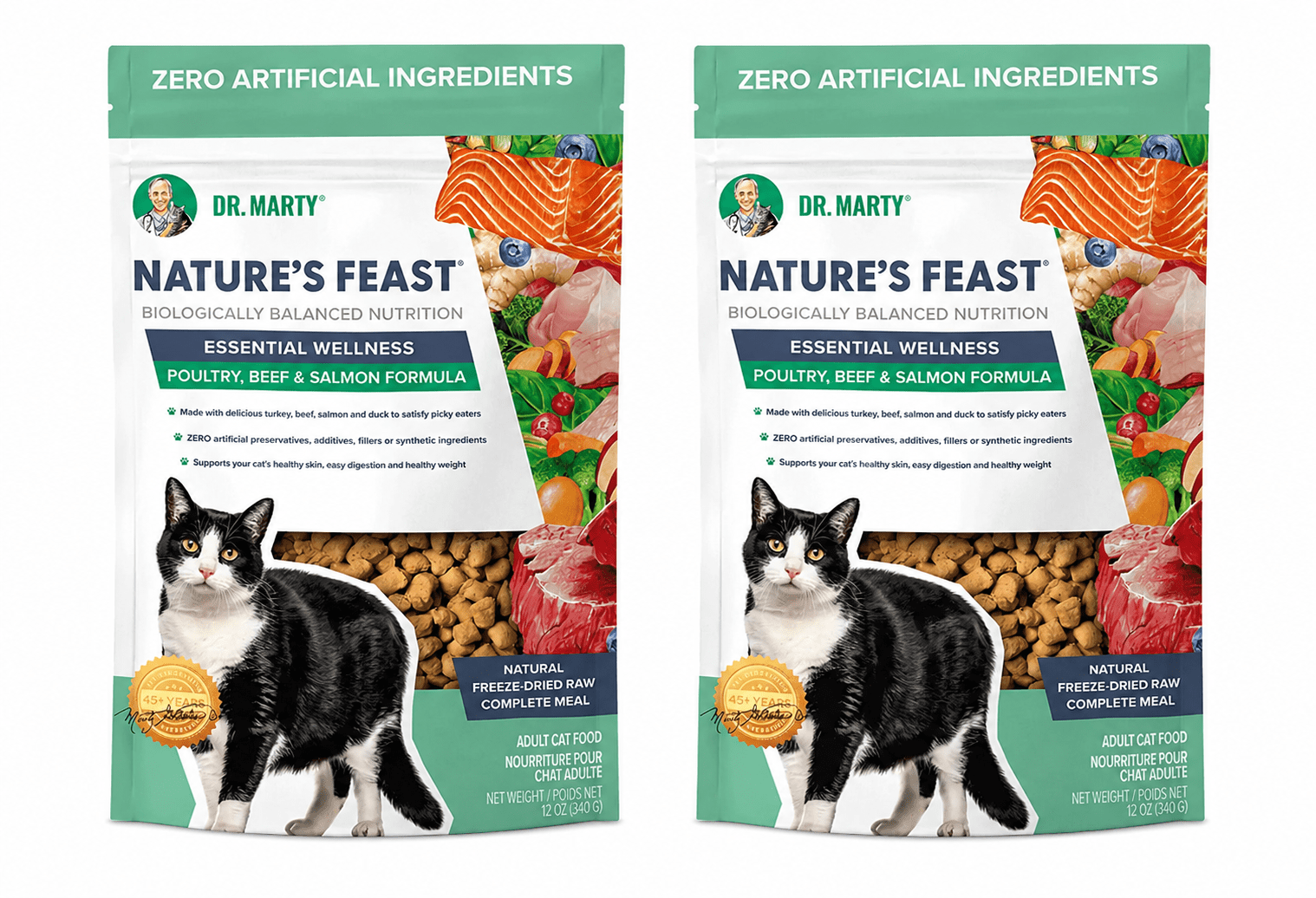 Dr. Marty Nature's Feast Essential Wellness Beef, Salmon, & Poultry Blend Freeze Dried Raw Cat Food, 12 oz (2 Bags)