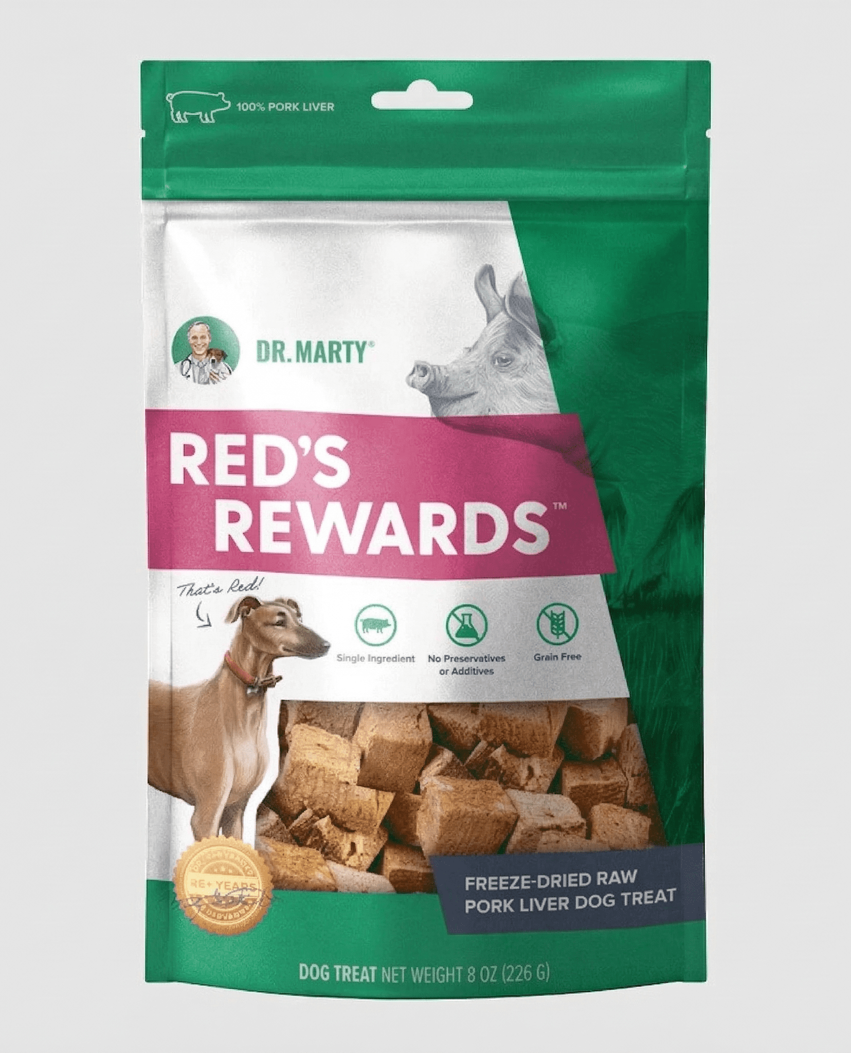 Dr. Marty Red's Rewards 100% Freeze-Dried Raw Pork Liver Dog Treats, Single-Ingredient, Grain-Free, High-Protein, 8 oz