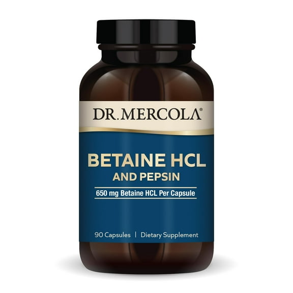 Dr. Mercola Betaine HCL and Pepsin, 30 Servings (90 Capsules), Dietary Supplement, 650mg Betaine HCL Per Capsule, Supports Healthy Digestion, Non-GMO