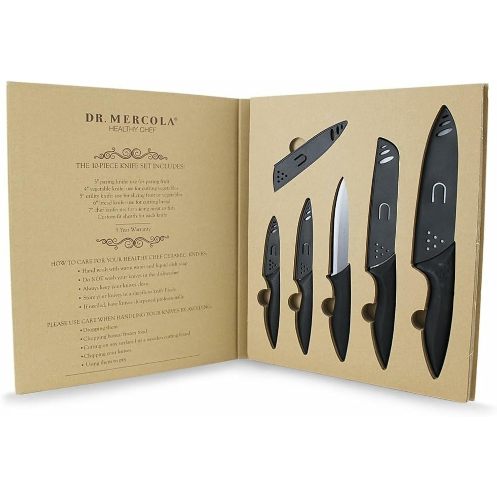 Dr. Mercola Black Ceramic Knife Set, 5 Piece set with Sheath