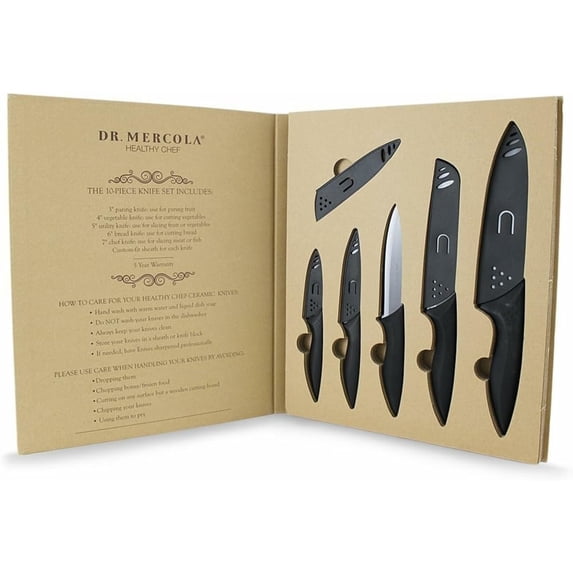 Dr. Mercola Black Ceramic Knife Set, 5 Piece set with Sheath