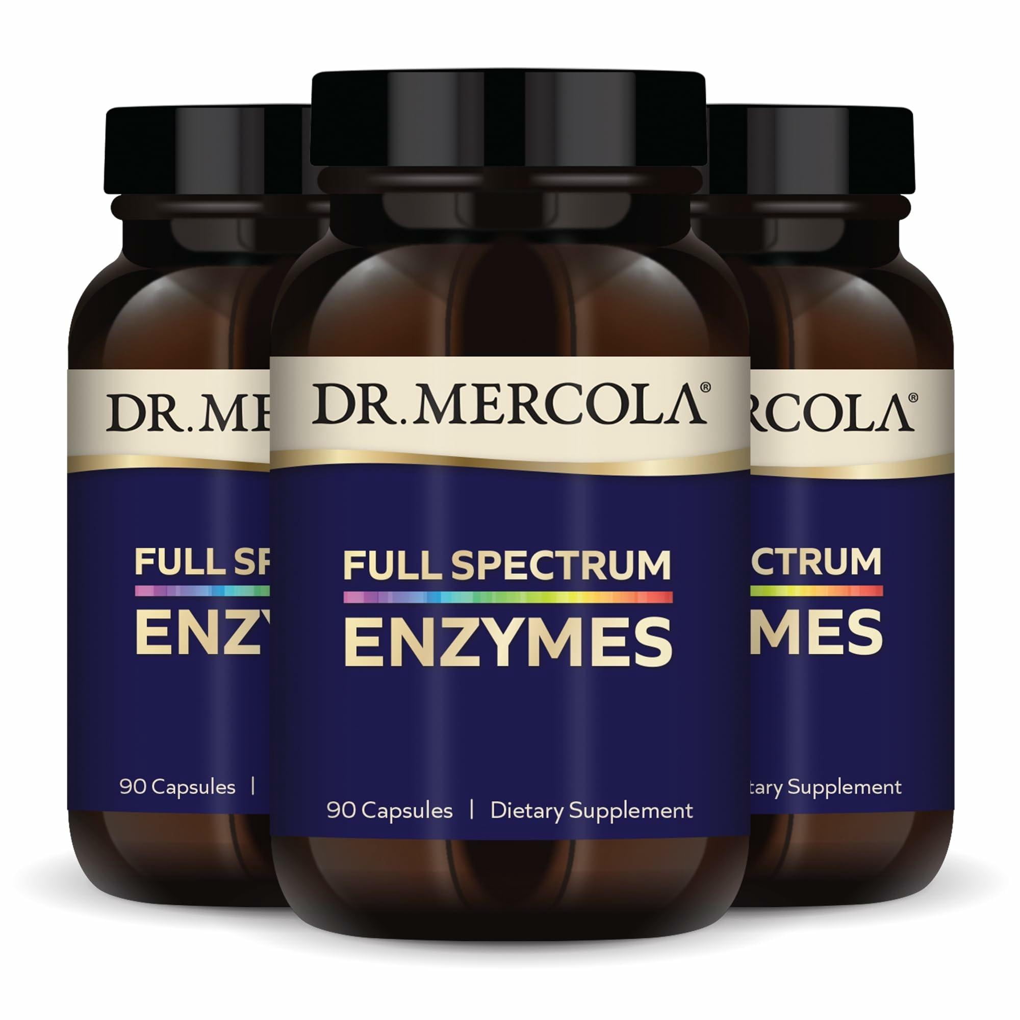 Dr. Mercola Full Spectrum Enzymes - 22 Different Enzymes - Supports Digestive & Immune Health - Helps Digest Carbohydrates, Fats & Proteins - Non-GMO, Gluten-Free & Soy-Free - 90 Capsules (3 Pack)