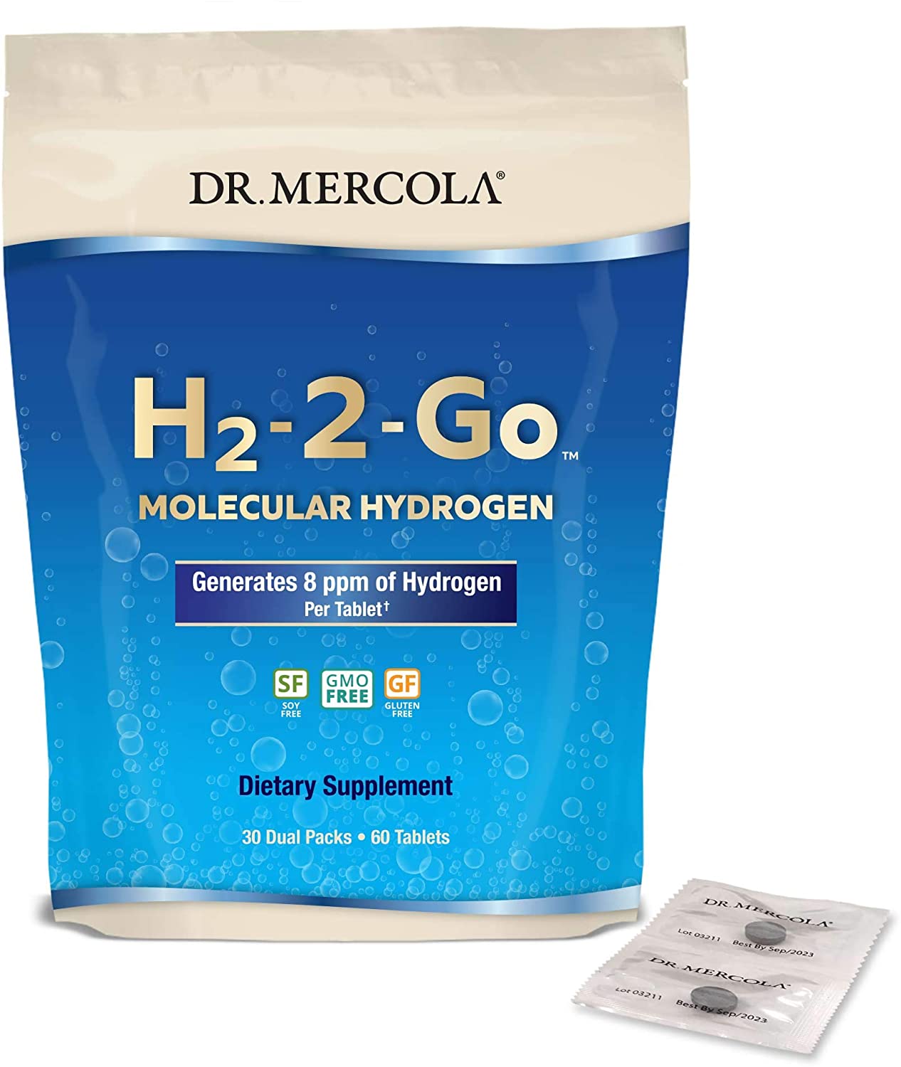 Dr. Mercola H2-2-Go Packets, Up to 8ppm of Molecular Hydrogen Gas*, non GMO, Gluten Free, Soy Free - image 1 of 3