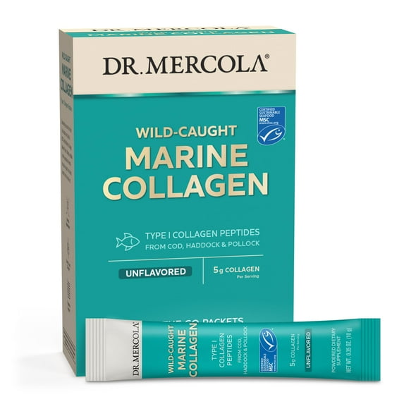 Dr. Mercola Marine Collagen Powder Packets, 5g Collagen Per Serving, 15 Servings (15 on-The-go Packets), Powdered Dietary Supplement, Unflavored, Type 1 Collagen Peptides from Cod, Haddock & Pollock