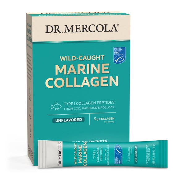 Dr. Mercola Marine Collagen Powder Packets, 5g Collagen Per Serving, 15 Servings (15 on-The-go Packets), Powdered Dietary Supplement, Unflavored, Type 1 Collagen Peptides from Cod, Haddock & Pollock