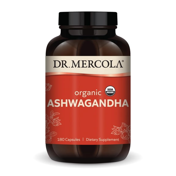 Dr. Mercola Organic Ashwagandha - Supports Energy Production & Adrenal Health - 800 mg Per Serving - Non-GMO, Gluten-Free & Soy-Free - Certified USDA Organic - 180 Capsules (90 Servings)