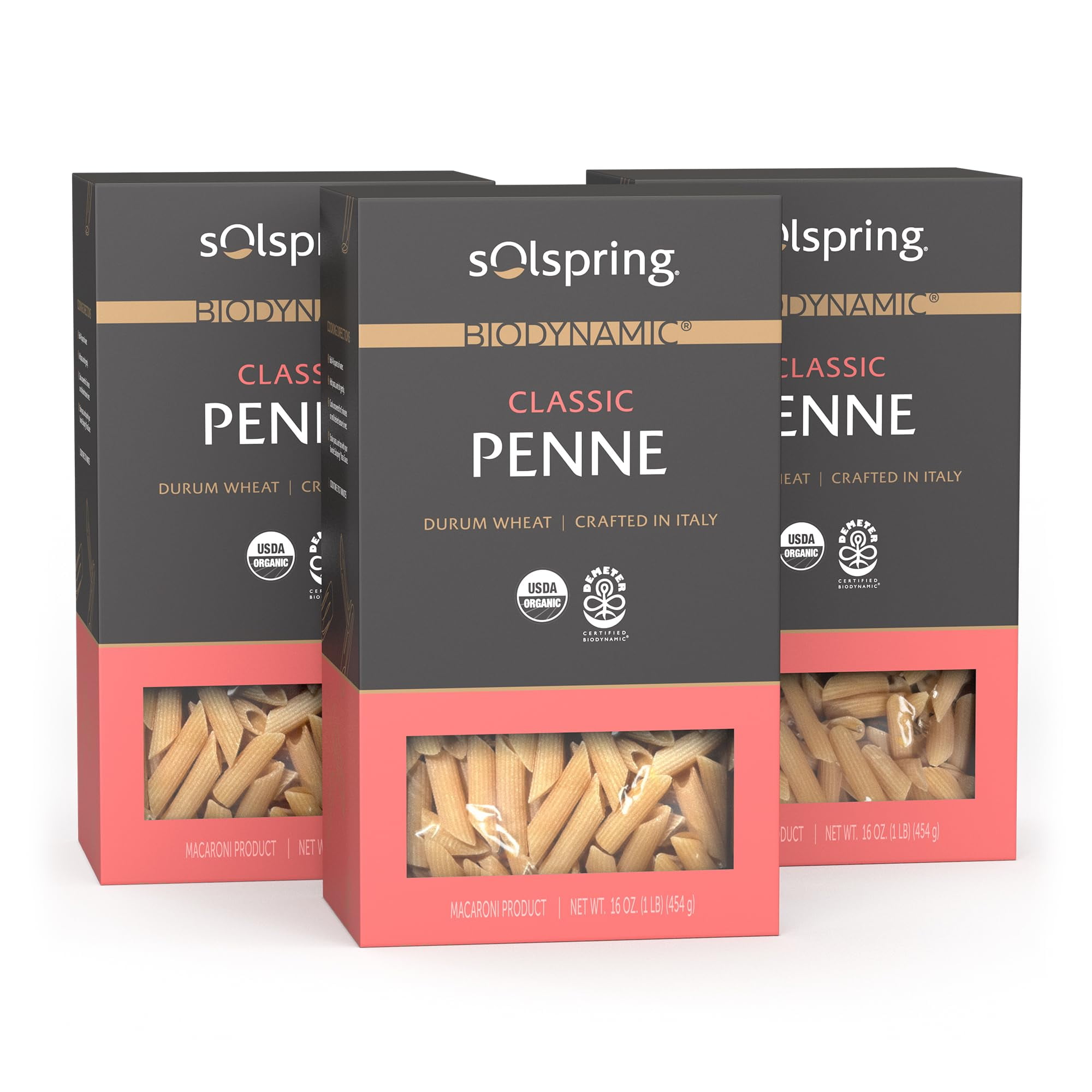 Dr. Mercola Solspring Biodynamic Organic Penne Durum Wheat Pasta, Pack of one (3) 1lb (16 oz) Boxes, non GMO, Soy Free, USDA Organic, Demeter Certified