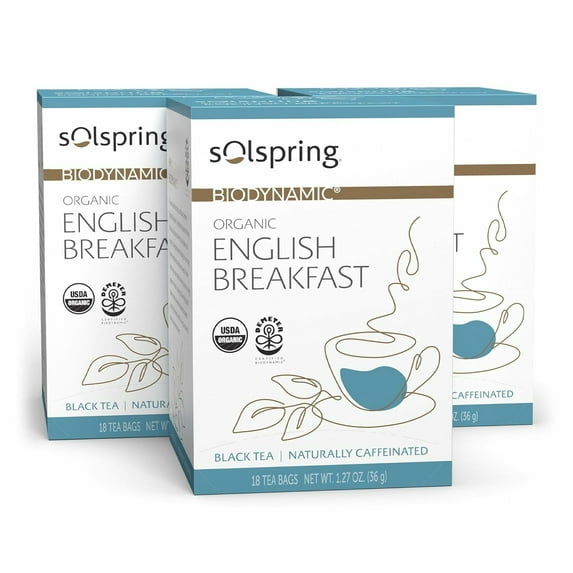 Dr. Mercola Solspring English Breakfast Tea, Full Bodied Flavor and Naturally Caffeinated, 18 Tea Bags (Pack of 3) non GMO, Gluten Free, Soy Free, USDA Organic, Demeter Certified Biodynamic